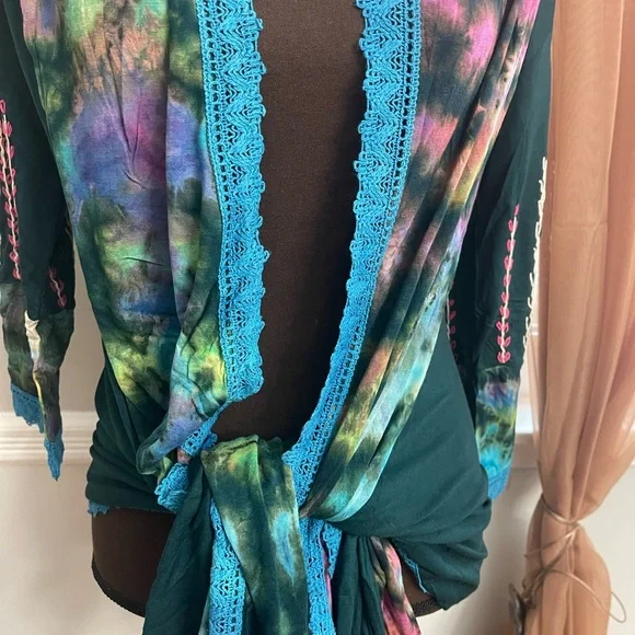 New nwt rising international tie dye embroidered Boho cardigan sz L $48 - Picture 5 of 6